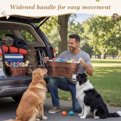 Zonon 2 Pack Metal Dog Toy Baskets, Large Dog Toy Bin with Handles | Copper Dog Toy Box, Durable Galvanized Steel Pet Toy Storage Box for Dog Blankets Leashes Storage Living Room Area (21 Quart)