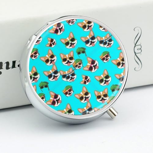 Round 3 Compartment Pill Container Cute Corgi Glasses, Cute Travel Pill Organizer for Purse Pocket Supplement Storage