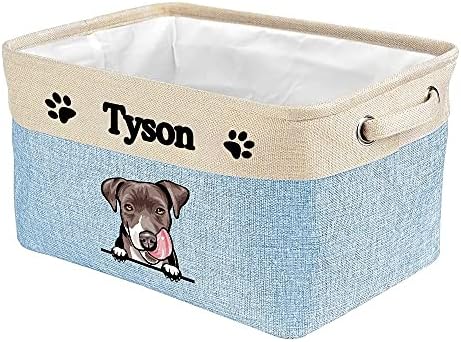 Custom Fabric Dog Toy Storage Basket with Cute Dog Pit Bull Collapsible Sturdy Fabric Pet Toys Storage Bin Cube with Handles for Organizing, Blue amd White