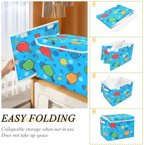 Pickleballs and Rackets Storage Bins with Lids Foldable Storage Basket with Handles Collapsible Large Fabric Organizer Containers for Clothes Shelves Closet Office Home