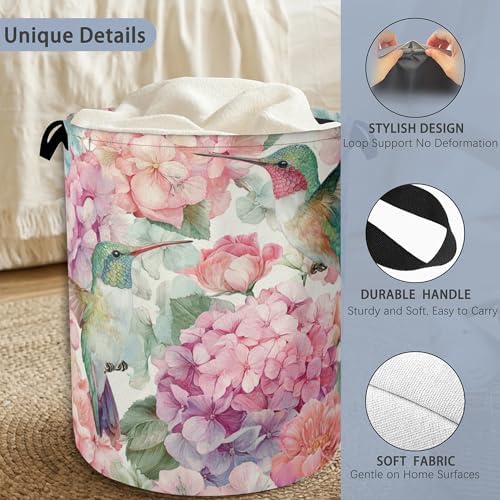 Hummingbird Laundry Hamper,Pink Flower Floral Dirty Clothes Laundry Basket with Handles Waterproof Oxford Cloth Storage Basket for College Dorms Bathroom Bedroom 16" x 20.8"