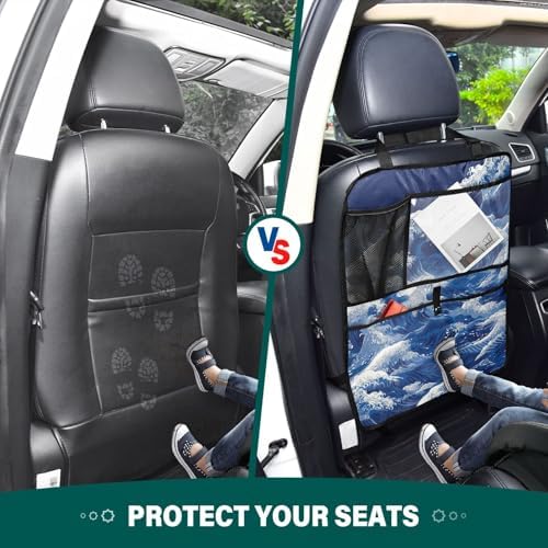 2 Pack Back Seat Car Organizer with Storage Pockets Kick Mats Back Seat Protector Hanging Car Organizer Automotive Seat Back Cover Organizers Japanese Deep Blue Sea Waves
