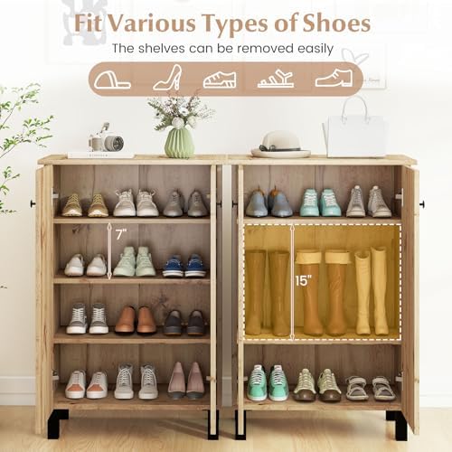 GIANTEX Shoe Cabinet with Doors, Modern Wooden Narrow Shoe Storage Cabinet | 4-Tier Freestanding Shoe Rack Cabinet with Flat-panel Doors & Adjustable Shelves for Entryway, Hallway, Closet