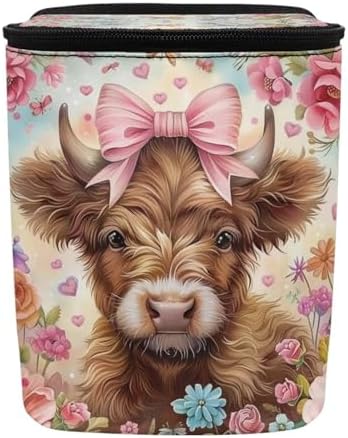 DISNIMO FlowerHighland Cow Car Trash Can with Lid Collapsible Reusable Car Garage Bag Trash Bin, Automotive Garbage Can,Car Accessories Interior Car Organizer, Pink