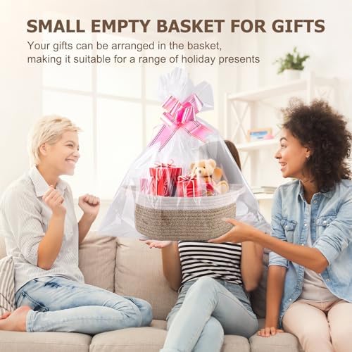 Small Woven Basket, 12" x 8" x 5" Gift Basket Empty with Ribbon and Gift Bag, Rope Basket for Baby Shower, Holiday Presents,Storage Basket with Handle for Nursery,Pet Toy Basket (White-Brown)