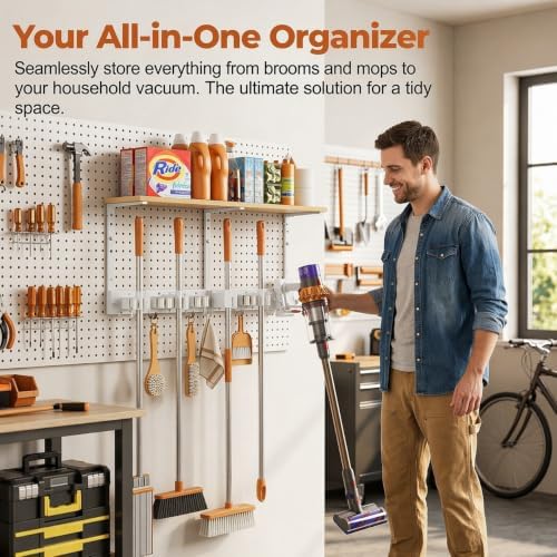 Upgraded Broom Holder Wall Mount with Shelf, Mop and Broom Organizer Wall Hanging, Cleaning Supplies Organizer with 5 Grippers, 4 Hooks and Vacuum Holder for Laundry Room, Garage, Kitchen