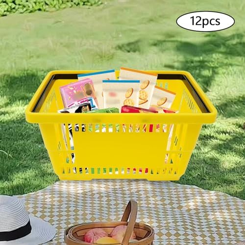 12 Pack Shopping Baskets with Handles, 18 L Plastic Shopping Cart(Yellow)