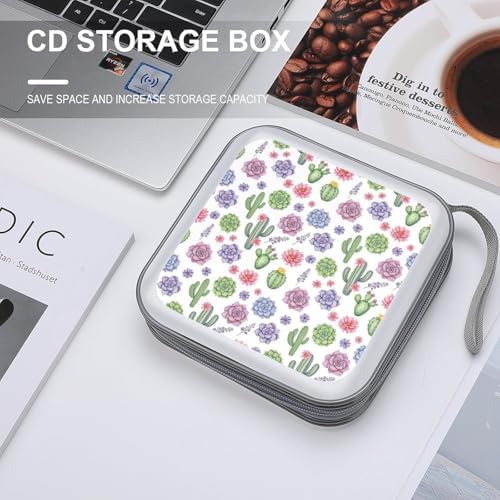 40-Disc CD/DVD Protective Case Floral Flowers Succulent Cactus, Hard Plastic Binder with Zipper, Portable Storage Organizer for Travel Office