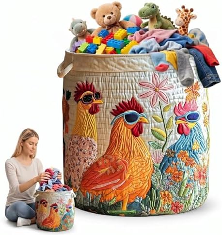Quilted Laundry Hamper, Country Garden Print Storage Bucket with Handles, Rustic Style Fabric Clothes Organizer Bag for Elegant Home Decor(14"x 18")