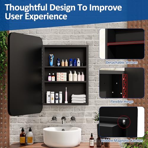 ACEMIRO 24x30 Inch Bathroom Medicine Cabinet with Mirror Black Metal Framed Farmhouse Recessed or Surface Wall Mounted Black Medicine Cabinets for Bathroom