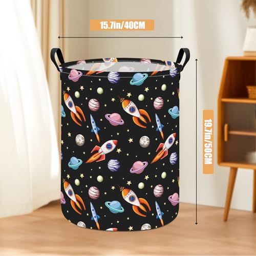 Round Laundry Basket Collapsible Storage Hamper Organizer Planet Rocket | Waterproof Canvas Foldable Baskets with sturdy Handles Multi-scene Organizer for Home Play Bedroom Gift Bin