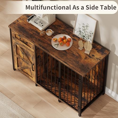 kepptory 30 Inch Dog Crate Furniture with Cabinet, Heavy Duty Farmhouse Dog Kennel with Charging Station, Wooden End Table TV Stand with 900 LBS Capacity and Adustable Feet