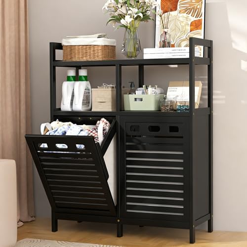 VASMIA Tilt Out Laundry Hamper Cabinet, Bamboo Double Laundry Hamper with 2 Removable Laundry Baskets, 20 Gal Laundry Sorter Organizer with Shelf for Dirty Clothes, Bathroom, Laundry Room, Natural