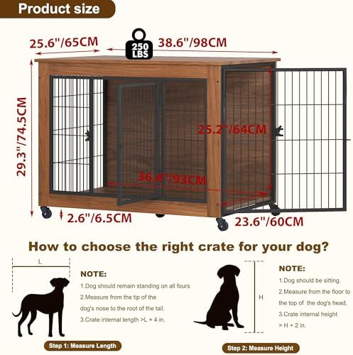 Dog Crate Furniture with Wheels, Wooden Dog Kennel Indoor, Decorative Side End Table for Small Dogs, Easy Installation (38.6'')