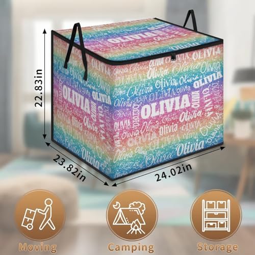 Personalized Name Large Storage Basket with Lid, Bling Bling Colorful Glittering Canvas Storage Bins Quilt Clothes Organizer for Bedroom, Kitchen, Bathroom, Nursery, Shelves, Closets