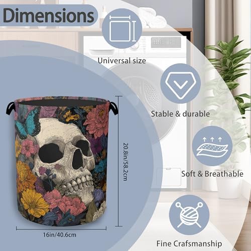 Skeleton Laundry Basket,Butterfly Flowers Oxford Cloth Laundry Hamper with Handle Foldable Portable Clothes Storage Basket for Bathroom Bedroom Dorm Room 16" x 20.8"
