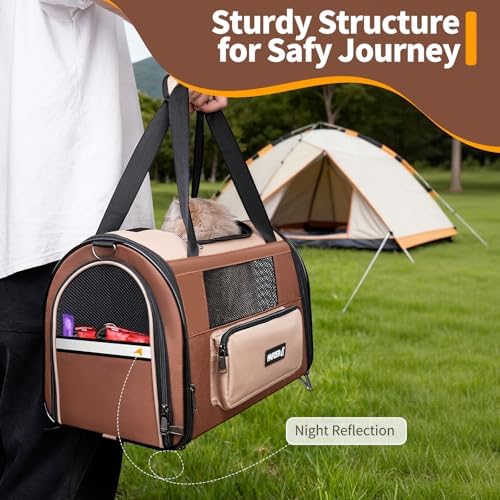 Collapsible Small Pet Carrier for Cat 15 lbs with Fashion Pocket Travel Bag | Lightweight Sturdy Little Puppy Dog Carry Crate, Breathable Stylish Kitten Soft Cage Kennel, Portable Yorkie Box Khaki