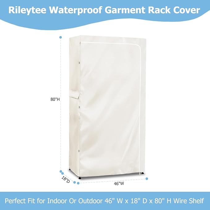 Rileytee Garment Rack Cover,600D Heavy Duty Waterproof Clothing Rack Cover,Clothes Rack Cover with Zipper for Metal Garment Rack(White,46"W x 18"D x 80"H,Cover Only）