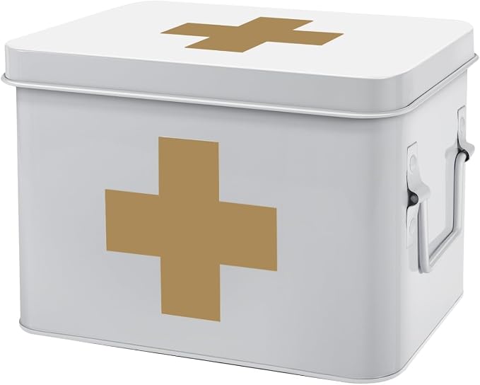 Flexzion Large Metal First Aid Box Empty, 8.5-Inch, White with Gold Cross | Vintage Medicine Box and First Aid Storage Organizer with Removable Tray and Dividers; Empty Box Only, Supplies Not Included