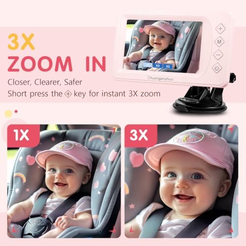 S100P Baby Car Camera with Ultra Night Vision, 5'' HD 1080P IPS Baby Car Monitor with 3X Zoom, Backseat/Carseat/Rear Seat Camera USB, Easy No-Damage Install, Safety for Infants and Pets (5 inch Pink)