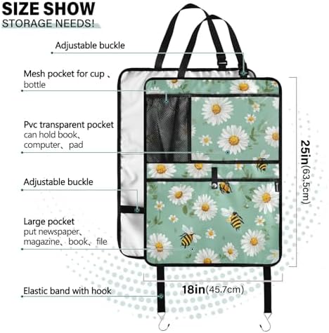 1 Pack Back Seat Car Organizer with Storage Pockets Kick Mats Back Seat Protector Hanging Car Organizer Automotive Seat Back Cover Organizers Mint Green Daisy Flowers and Bees