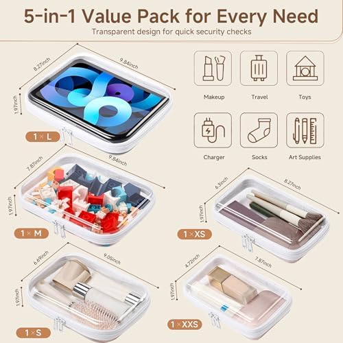 5 Pack Clear Hard Shell Zipper Case Diaper Organizer | 1.0mm Hard Shell, Upgraded Large Zipper Pulls, Clear Travel Pouches, Smooth Zipper Closure, Holds Shape
