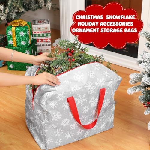 Kajaia 2 Pcs Christmas Ornament Storage 18 x 15 x 10 Inch Snowflake Holiday Accessories Bag Christmas Storage Containers Tear Proof Xmas Ornament Organizer with Handles Full Length Zipper (Gray)