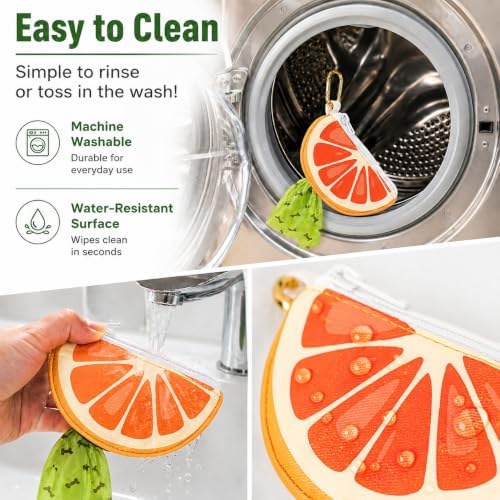 Grapefruit Poop Bag Holder - Cute Leash Dispenser for Dog Walking | Stylish Zipper Case Dog Poop Bag Holder & Trash Carrier, Leash Attachable Dispenser for Poop Bags, Cute Walking Accessory