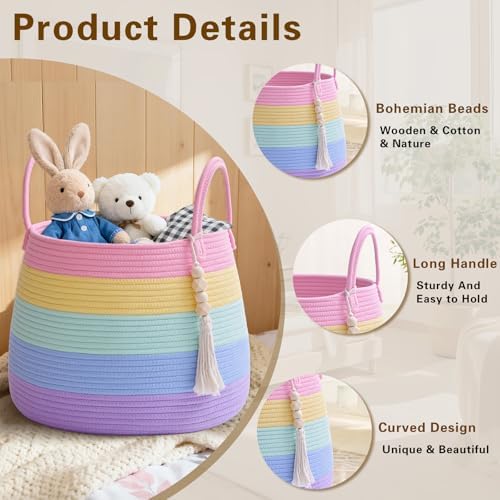 Large Nursery Hamper, 30L Blanket Basket with Handle, Baby Laundry Basket for Gift, Toy, Clothes, Woven Storage Basket with Wooden Bead Decor, Baby Hamper for Nursery (Black&Brown)