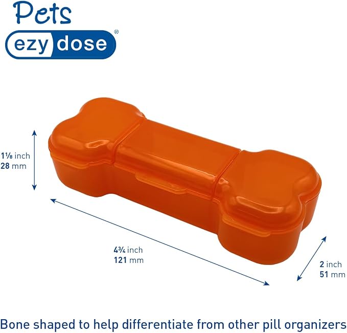 Ezy Dose Pets Dog Bone Pill Case, 3 Large Compartments, Orange | Medicine Planner, Vitamin Organizer Box for Dogs, Easy to Use, Transparent Lids, Convenient for Treats
