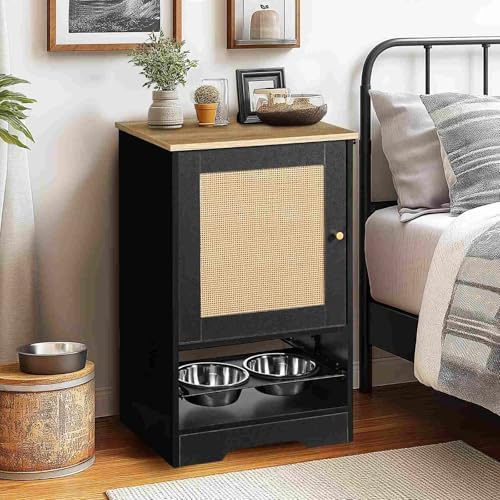 Modern Pet Feeding Station with Storage Cabinet: Elevated Dog Bowls, Hidden Storage, and Side Hooks for Stylish Home Organization, Black