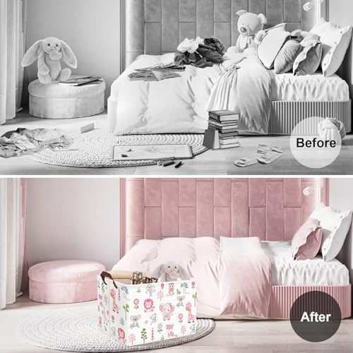 Clastyle Large Woodland Animal Baby Shower Bakset Pink Book Gift Bin, 36L | Foldable Dirty Clothes Toy Organizer Bin, Playroom Bedroom Bathroom, Girl Nursery Decor Laundry Hamper, Jungle Elephant Lion