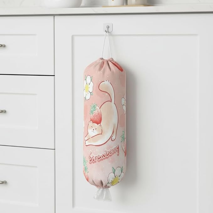 Plastic Bag Holder, Wall Mount Plastic Bag Organizer Dispenser Reusable Grocery Bag Organizer for Home Kitchen(Strawberry)