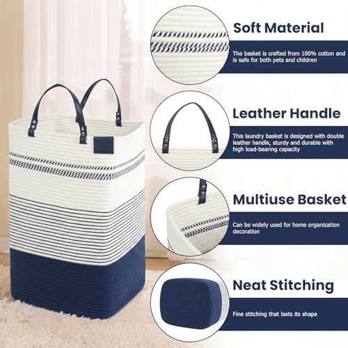 danpinera 100L Nursery Hamper, Tall Woven Laundry Basket with Long Leather Handles, Boho Laundry Hamper for Living Room, Eco-friendly & Convenient Decorative Storage Basket, White & Navy Blue
