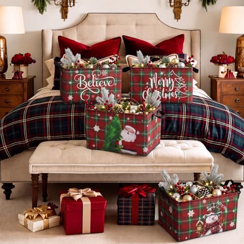 Chunful 4 Pcs 4 Pack Christmas Storage Baskets for Gifts Collapsible Red and Green Tartan Plaid Christmas Let It Snow Laundry Storage Bins Foldable Box with Handles for Home Bedroom Office Containers