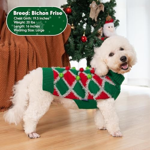 cyeollo Dog Christmas Sweater, Turtleneck Pullover Holiday Outfit, Ball L