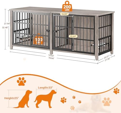 YaFiti 78.84" Dog Crate Furniture for 2 Dogs, Double Wooden Dog Kennel,Grey | Feeder, Divider, Double Doors, for Large Dogs, Up to 100 lb, Heavy Duty , TV Stand, Side End Table, Decorative Pet Cage