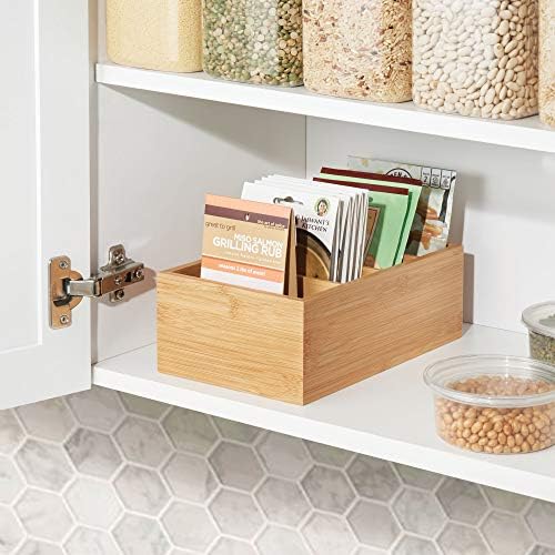 mDesign Bamboo Wood Compact Food Storage Organizer Bin Box - 4 Divided Sections - Holder for Seasoning Packets, Pouches, Soups, Spices, Snacks - Natural