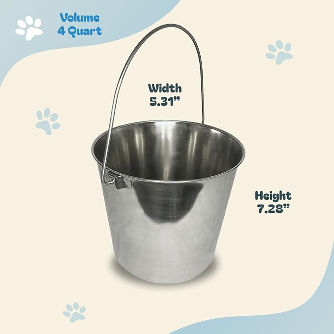 Heavy Stainless Steel Round Bucket, 4 Quart | Durable Food & Water Pail for Dogs, Cats, Kennels, Cages and Critter Crates | Multi-Purpose Bucket