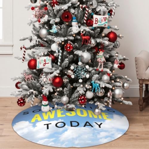 Christmas Tree Skirt, Soft Polyester Xmas Tree Skirts with Ribbon Ties, Rustic Farmhouse Holiday Party Decorations Inspirational Motivation Quote Blue Sky Clouds 48"