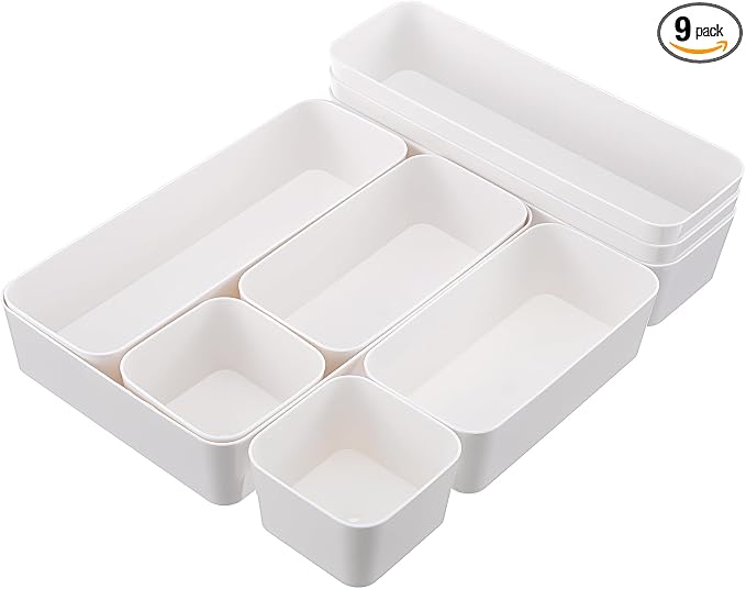 9 Pcs stackable drawer organizer Set, Multifunctional desk drawer organizer Trays for Vanity, Bathroom, Kitchen, Office, Plastic Storage Bins in Beige, 5 Sizes