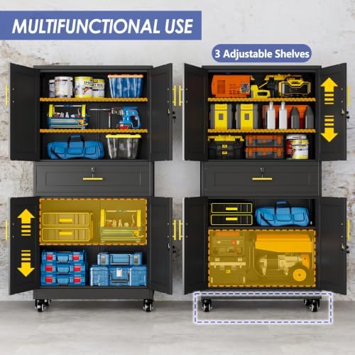 74" Metal Garage Storage Cabinet with Wheels and Locking Doors