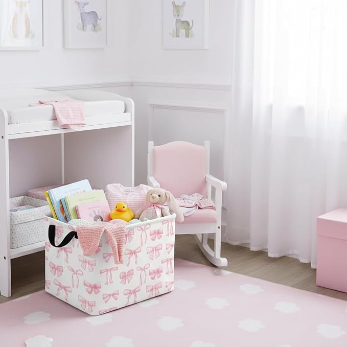 Rectangular Kids Basket Baby Girl Basket Fabric Storage Bin Organizer Box Room Decor(Beautiful Bowknot)