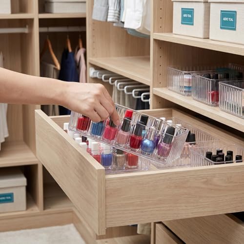 10pcs Drawer Organizer Trays Set with 4 Sizes, Stackable Pet Plastic Storage Bins with Removable Dividers and Raised Edges, for Kitchen Gadgets and Makeup Drawer Organization
