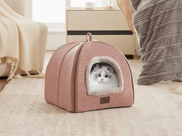 WINDRACING Cat Beds for Indoor Cats, 2-in-1 Cat Bed Cave with Anti-Slip Bottom, Cozy Cats House Tent Suitable for All Seasons, for Medium & Large-Sized Pets Light Pink, L(17.5 X 17.5 X 17.5 Inch)