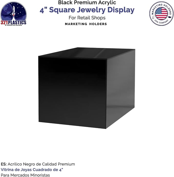 4 Pack 4" Acrylic Display Riser Box with One Open Side No Assembly Versatile Glossy Black Square Retail Merchandise Storage Bin or Product Platform by Marketing Holders