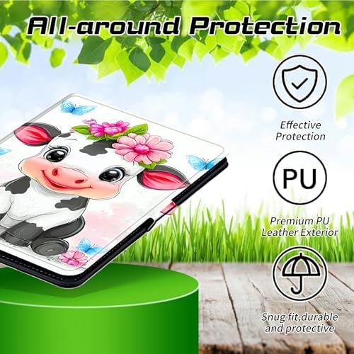 Universal Case for T-Mobile Revvl Tab 2 10.1" Model:9185W 2025/Revvl Tab 5G 10.36" 2023, 360 Degree Rotating Kickstand Protective Stand Leather Shell Cover for 9"-10.5", Flower Cute Cow