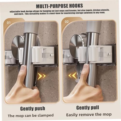 2PCS Suction Cup Broom Holder Wall Mount, No Drill Mop and Broom Organizer with Retractable Towel Rack, Transparent Bathroom Storage, Grey Holder and Mop Wall Mount Hanger Organizer Hanging S