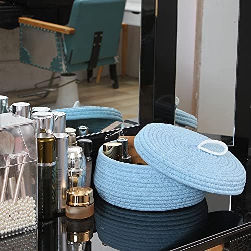 Sea Team Round Woven Cotton Rope Storage Basket with Lid, Blue | Lidded Knitted Decorative Storage Bin, Pot, Caddy, Organizer, Container for Snacks, Towels, Plants, 10 x 4.5 Inches