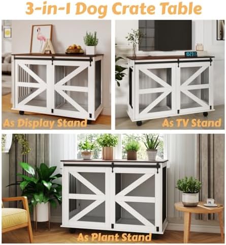 47.2" Mobile Dog Crate with 5-Caster System Brown White Easy Move & Ventilation Home Decor